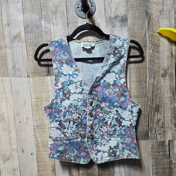 Zena Vintage 80s Floral Denim Jean Vest - Picture 1 of 6